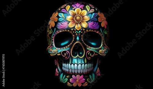 Iridescent day of the dead skull on a black background. AI Generated.