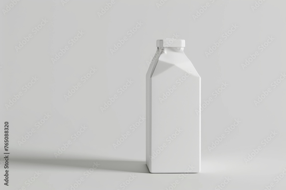 container of white liquid is placed on a white tabletop. The drinkware is in the form of a plastic bottle or glass bottle, shaped like a rectangle container of white liquid is placed on a white tabletop. The drinkware is in the form of a plastic bottle or glass bottle, shaped like a rectangle