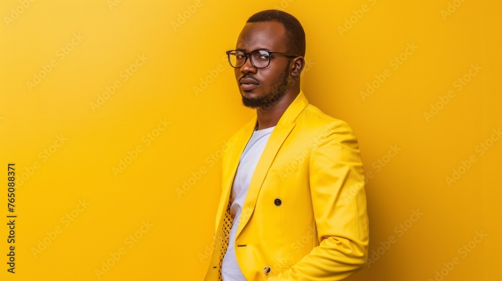 Confident Young Man in Vibrant Suit and Matching Yellow Background. Copy space. Confident Young Man in Vibrant Suit and Matching Yellow Background. Copy space.