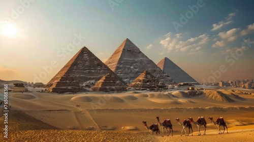 Our image captures the majesty of the Pyramids of Giza  surrounded by serene oases and offering camel therapy for an authentic journey through history.