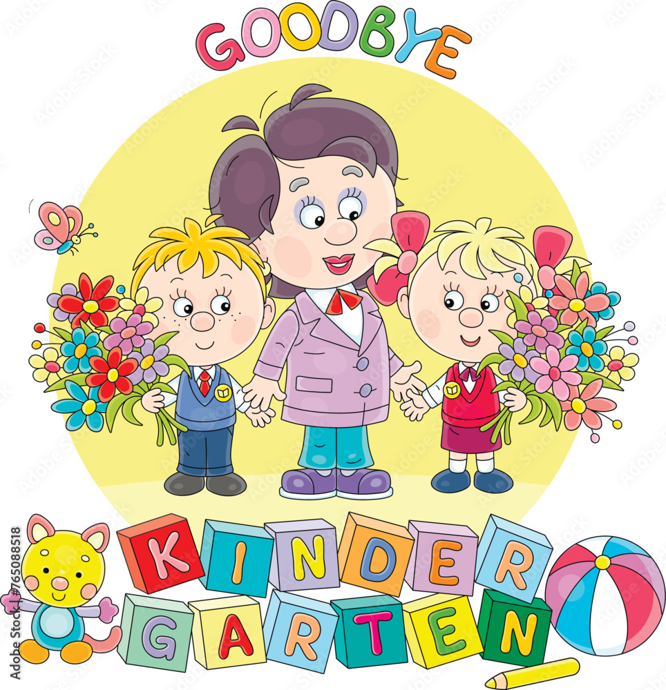  Goodbye kindergarten card with a happy nursery teacher and funny little 