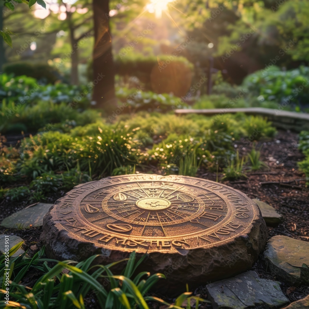 The golden hour light casts a warm glow on an intricately designed sundial, surrounded by the verdant greenery of a peaceful garden.