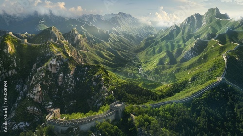 Our image portrays the mystical Great Wall of China  weaving through majestic mountains and forests  offering nearby hotels and apartments for a serene stay