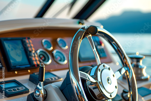 Close up of steering wheel on a luxury yacht.