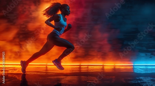 Rearview with male athlete running at speed with long-exposure lighting effect in front of a blue runway background, Generative AI
