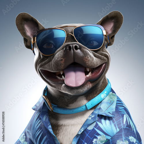 A French bulldog wearing sunglasses and a blue shirt with a flower design. The dog is smiling and he is happy © Mongkol