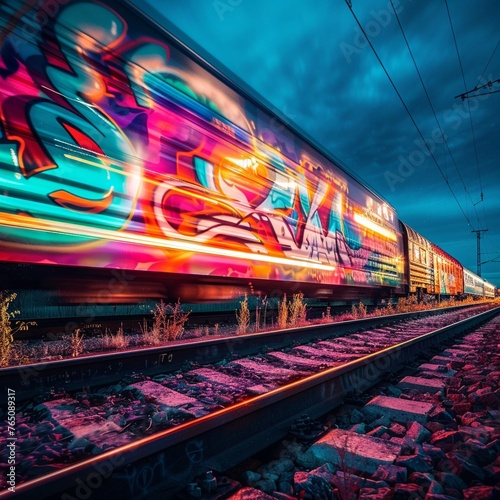 Colorful graffiti art neon speedlight on train dusk lighting exposure photo