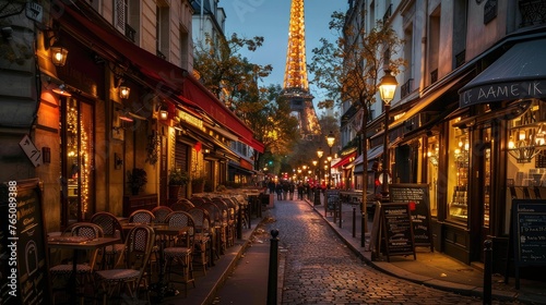 Our image showcases the iconic Eiffel Tower against the backdrop of charming cafes, embodying the romance of the city