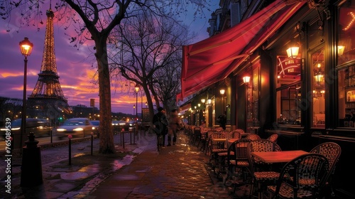 Our image showcases the iconic Eiffel Tower against the backdrop of charming cafes, embodying the romance of the city