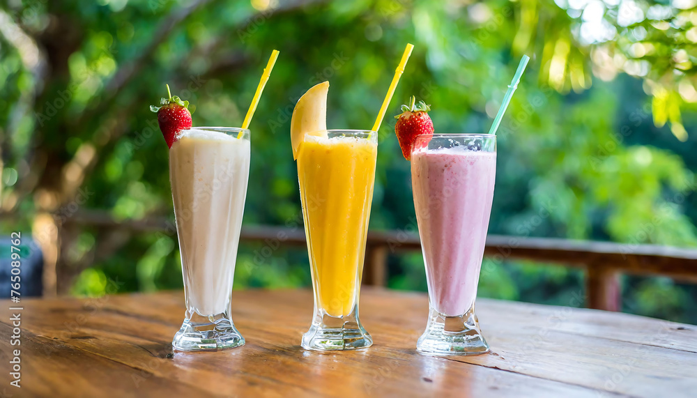 Strawberry, banana, vanilla and mango milkshake on wooden table. Sweet Beverage and Flavor Theme Strawberry, banana, vanilla and mango milkshake on wooden table. Sweet Beverage and Flavor Theme