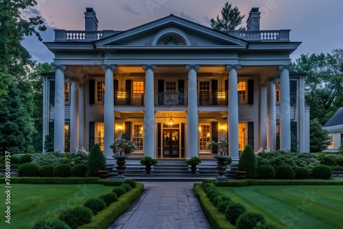 Colonial Revival Villa with Symmetrical Design and Elegant Gardens 