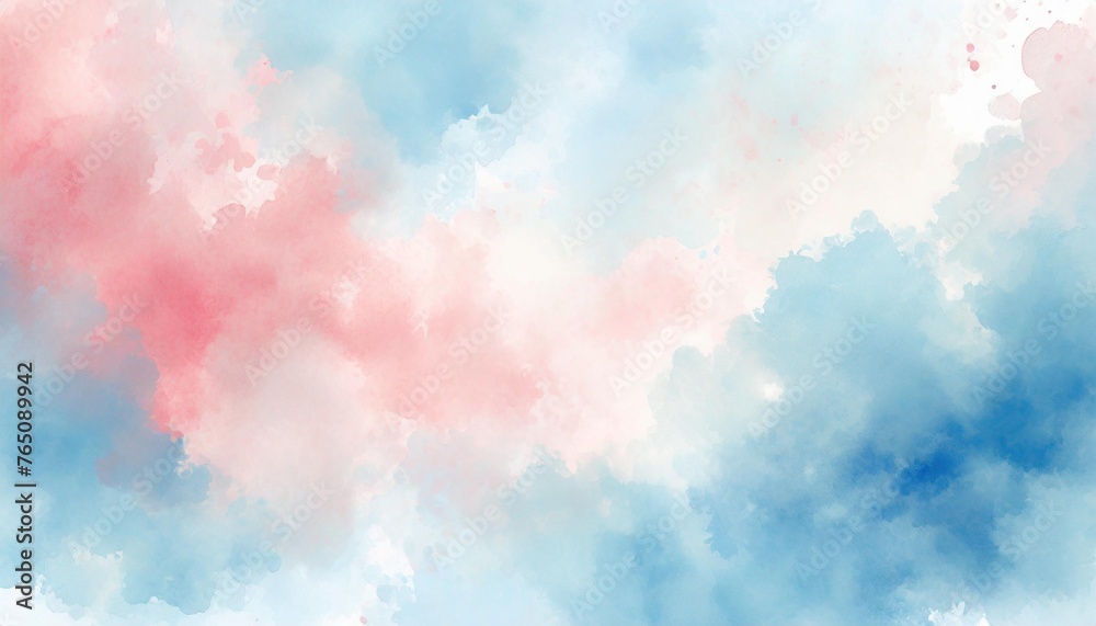 Artistic pink, blue and white watercolor background with abstract cloudy sky concept. Grunge abstract paint splash artwork illustration. Beautiful abstract fog cloudscape wallpaper. - obrazy, fototapety, plakaty 