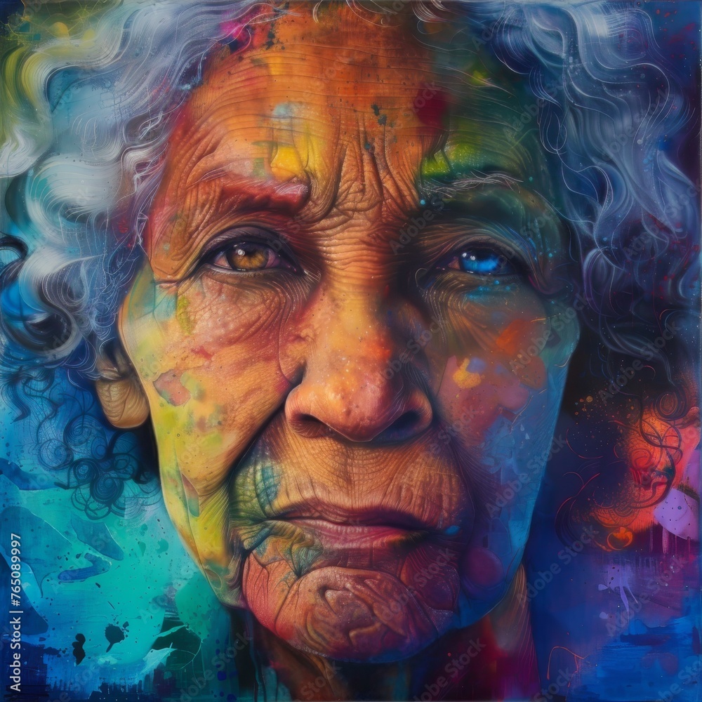An elderly woman's portrait transformed into an abstract, colorful artwork, blending emotions and hues with surreal quality