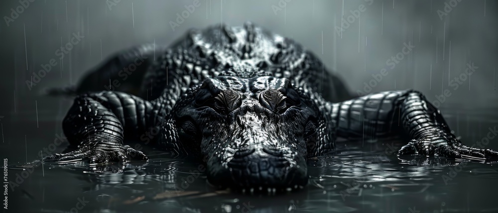  A grayscale image depicts a crocodile partially submerged in water, its snout emerging from the surface - obrazy, fototapety, plakaty 