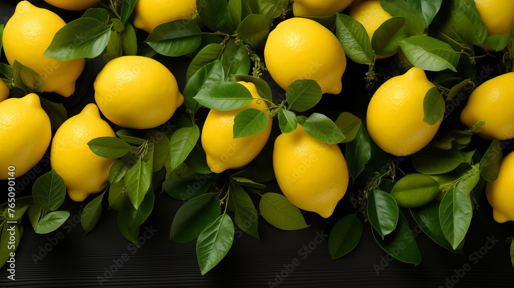 Close-up of vibrant yellow lemons with fresh green leaves on black background. Citrus fruit and healthy eating concept. Design for grocery store promotions, nutritionist's blog. Close-up of vibrant yellow lemons with fresh green leaves on black background. Citrus fruit and healthy eating concept. Design for grocery store promotions, nutritionist's blog.