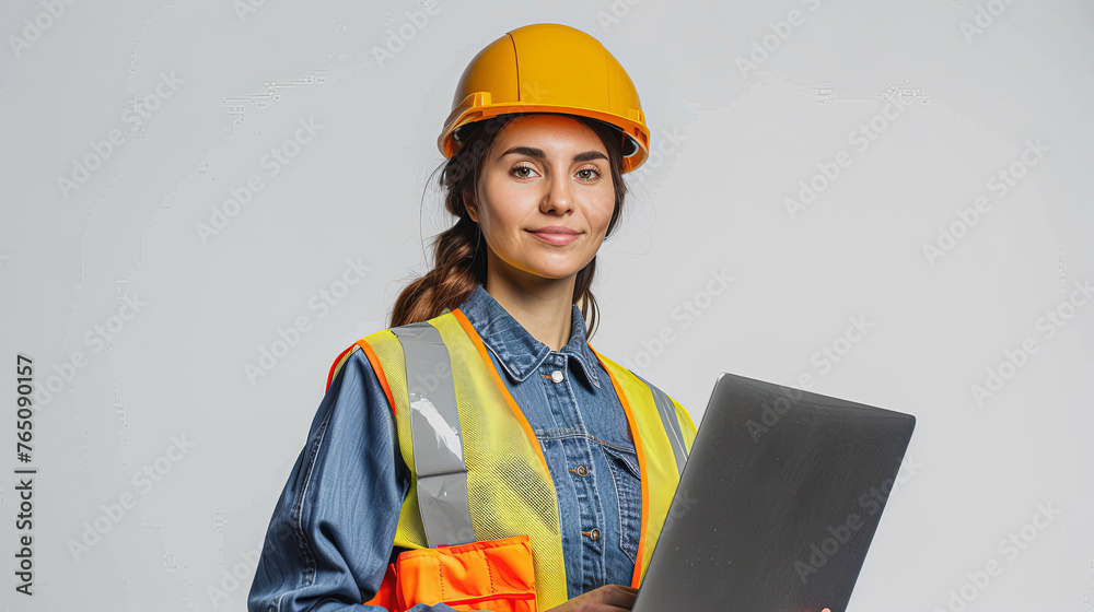 Smiling female engineer in a hard hat and high-visibility vest holding a laptop. Smiling female engineer in a hard hat and high-visibility vest holding a laptop.