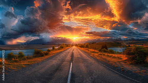 Fiery sunset sky over a road leading to distant mountains, a call to the wild. © Kowit