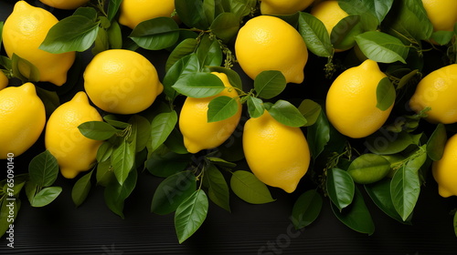 Close-up of vibrant yellow lemons with fresh green leaves on black background. Citrus fruit and healthy eating concept. Design for grocery store promotions, nutritionist's blog.