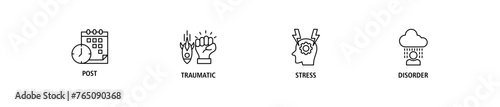 PTSD banner web icon set vector illustration concept of post, traumatic, stress and disorder with icon of calendar, time, rocket attack, war, house on flame, headache and disability