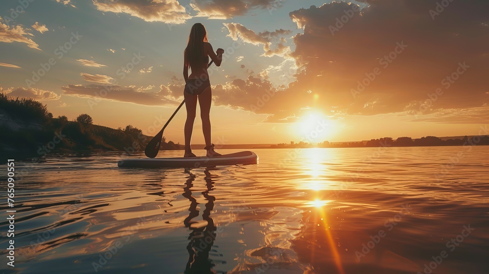 A woman is paddling on her knees on a stand-up paddleboard.