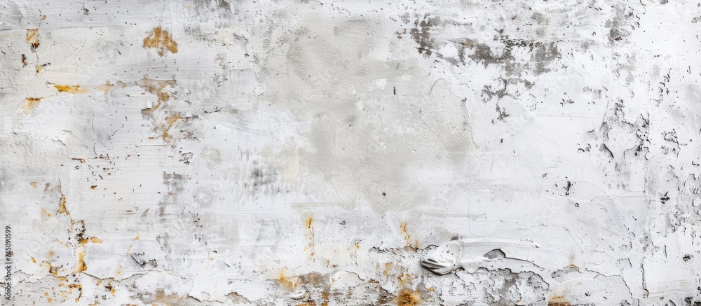 A detailed image showing a white wall up close with peeling and rusted ...