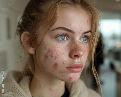 problem of acne on the chin of a young girl. acne on the face and cheeks. problematic facial skin