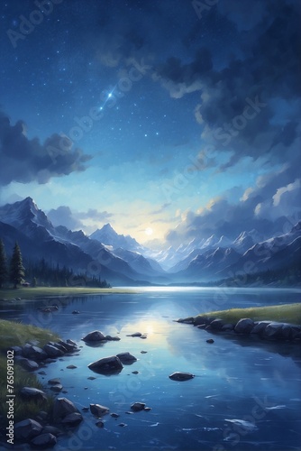 Lake and mountains under the night sky with snowfall and falling stars