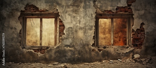 A close-up view of two windows in a deteriorating building against a crumbling wall