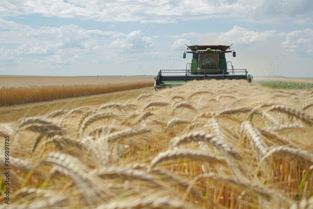 Fototapeta premium A farmer driving a combine harvester in a field of barley