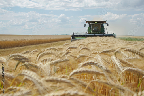 A farmer driving a combine harvester in a field of barley