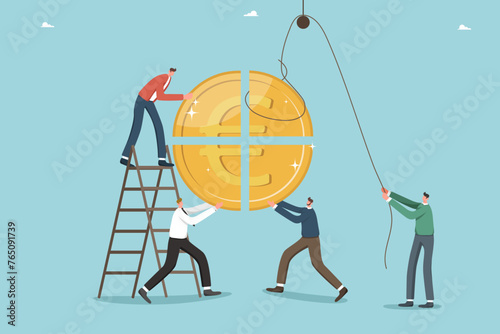 Teamwork for income and salary growth, cooperation for financial and economic stability, increasing investments or savings, increasing currency value, team folding euro coin.