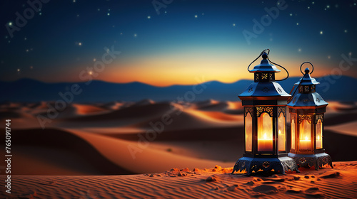 generated illustration of illuminated Traditional Ramadan Lanterns ,Ornate Arabic lantern.