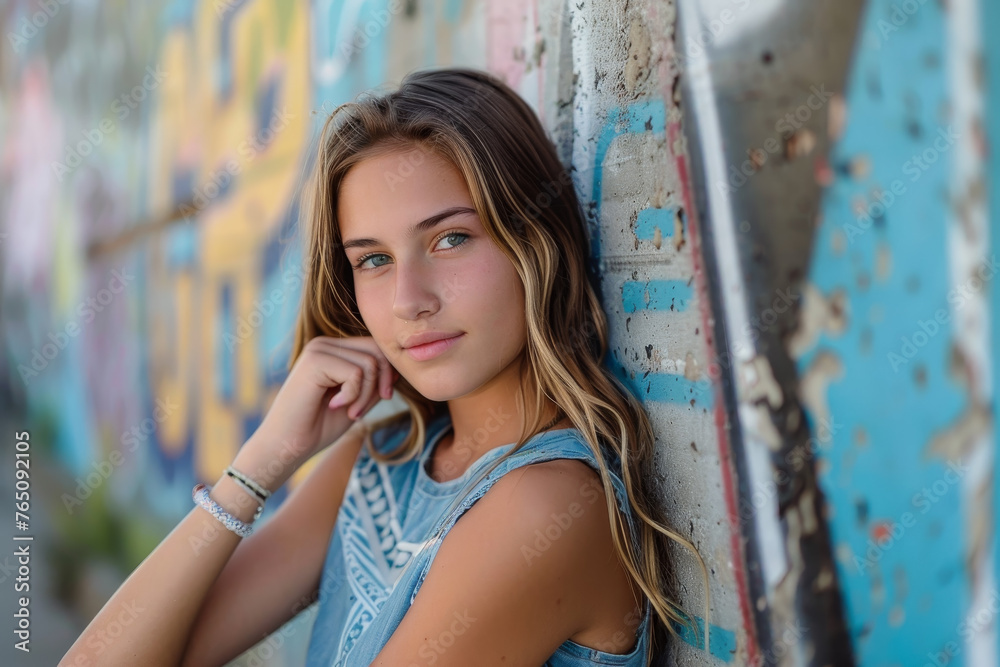 Naklejka premium A girl in a relaxed pose, leaning against a graffiti-covered wall.