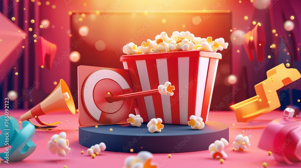 Cute cartoon-like illustration of a 3D movie popcorn bucket with elements around it, made of plasticine.
