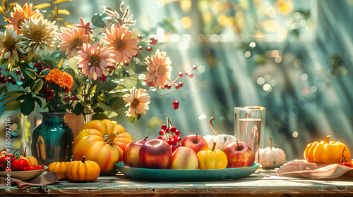 Autumn Harvest and Pumpkin Decoration, Festive Seasonal Table with Vegetables and Leaves