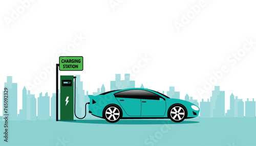 Green energy technology concept. Electric car charge battery in charging station. vector illustration design