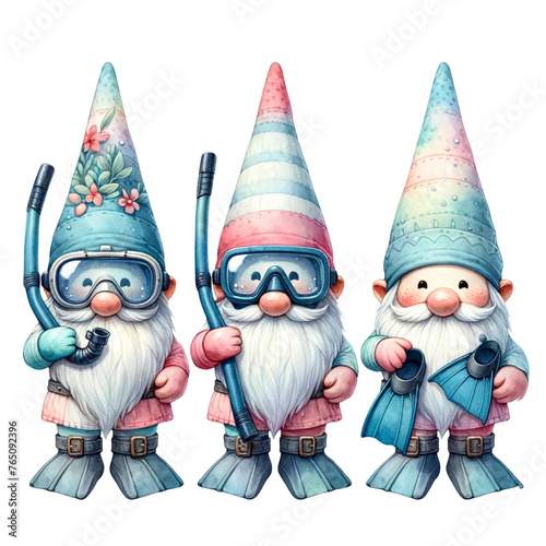 Gnome triple holding different things, gnomes unique 
charming watercolor Clipart Gnome Triple