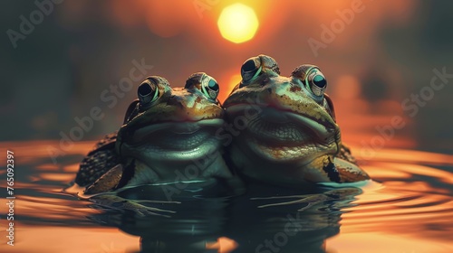  a couple of frogs sitting on top of a body of water with the sun setting in the distance behind them.