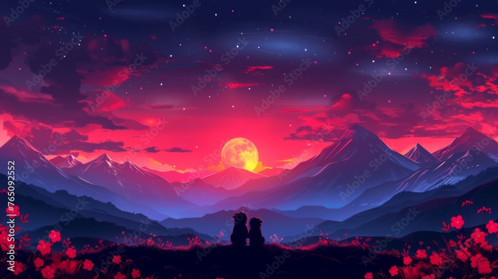  a couple of people standing on top of a lush green hillside under a red and blue sky filled with stars.