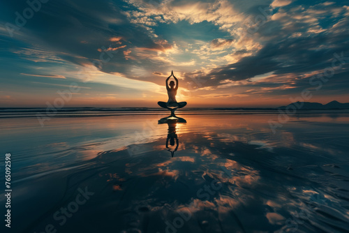 A girl in a yoga pose on a tranquil beach, her silhouette outlined against the setting sun.