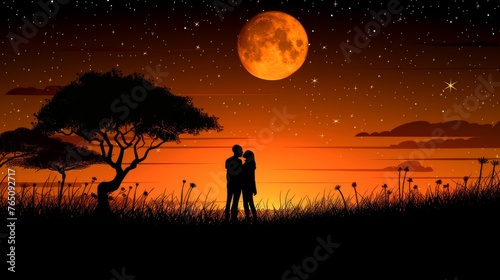  a man and a woman standing in a field at night under a full moon with a tree in the foreground.