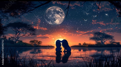  a painting of two people kissing in front of a lake with a full moon in the sky in the background.