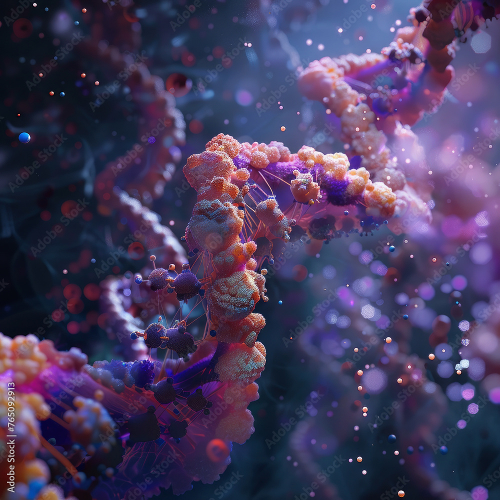 A colorful image of DNA strands with a purple background. The image is abstract and has a dreamy, surreal feel to it A colorful image of DNA strands with a purple background. The image is abstract and has a dreamy, surreal feel to it