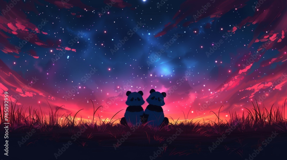  a couple of bears sitting on top of a lush green field under a purple and blue sky filled with stars. - obrazy, fototapety, plakaty 