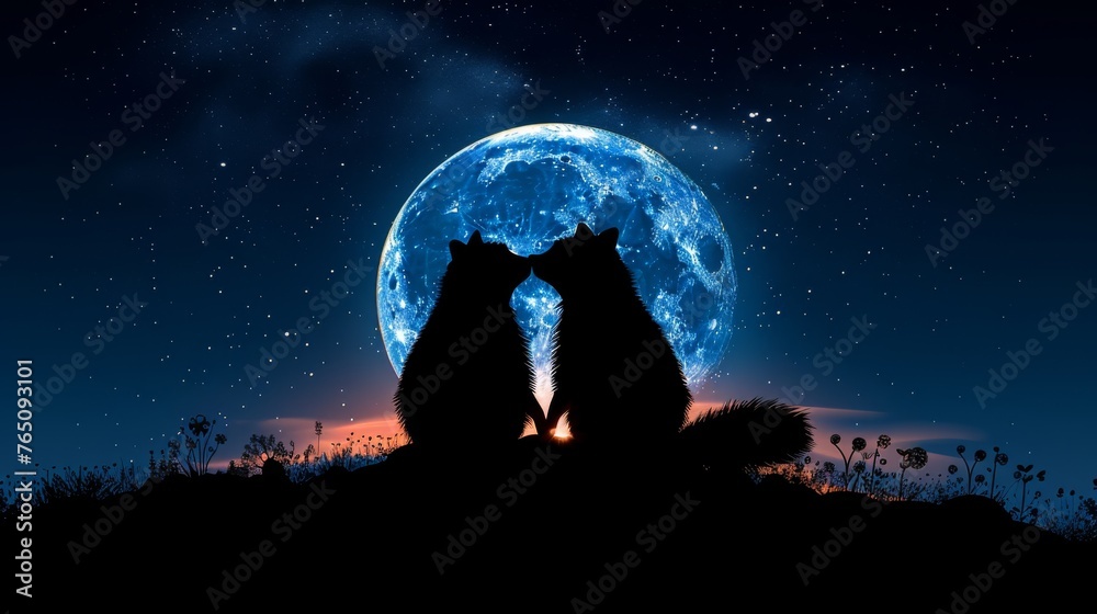  a couple of cats sitting next to each other in front of a full moon with the moon in the background.