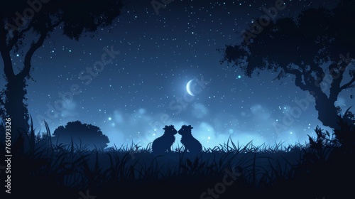  a couple of dogs sitting on top of a grass covered field under a night sky filled with stars and the moon.