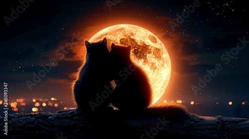  a cat sitting on a rock in front of a full moon with the city lights in the background at night.