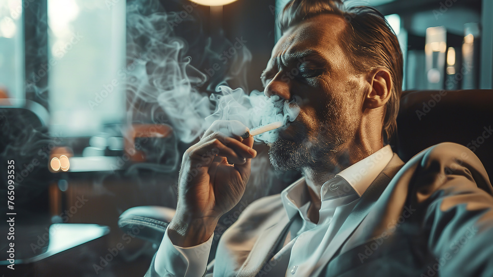 elegant man smocking cigarette in the office, man in the smoke, elegant man in the office, smoker in office - obrazy, fototapety, plakaty 
