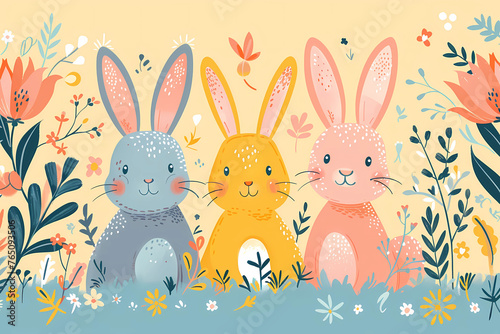 3 pastel bunnies simple flat color illustration in lemon pink  & grey floral surrounds. 