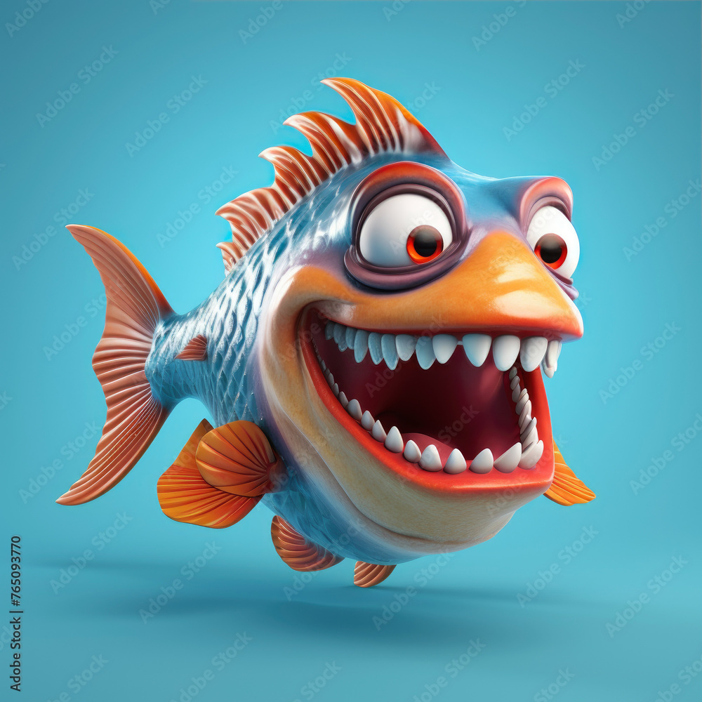 A cartoon piranha fish with a big smile and teeth showing. The fish is ...